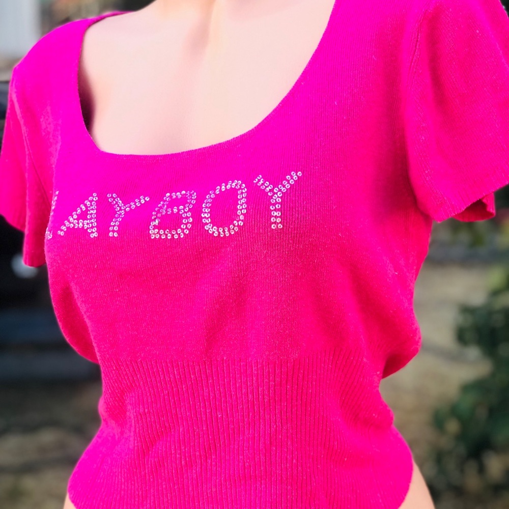 Playboy bunny sweater top Pink retro Dollbaby shirt sexy cap sleeve crop Y2K vtg - Picture 3 of 9